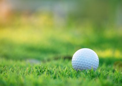 Golf ball is on a green lawn