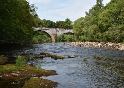 Low summer flow of the River South Esk under the Brechin Bridge in Angus, Scotland