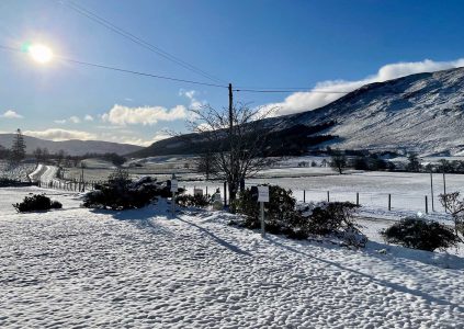 Glen Clova coated in snow on a crisp sunny day