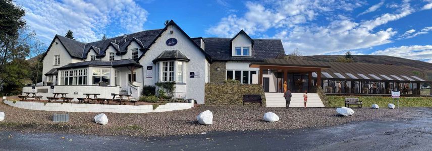 The exterior of the The Glen Clova Hotel Wedding Barn attached to Glen Clova Hotel