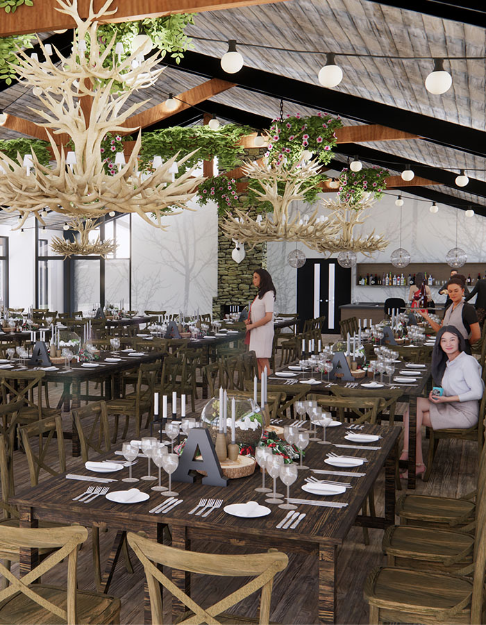 Tables set for a wedding reception in The Glen Clova Hotel Wedding Barn
