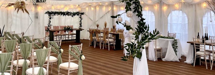 A marquee set up for a wedding ceremony at Glen Clova Hotel