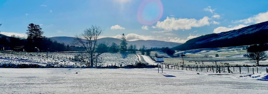 Glen Clova coated in snow on a crisp sunny day