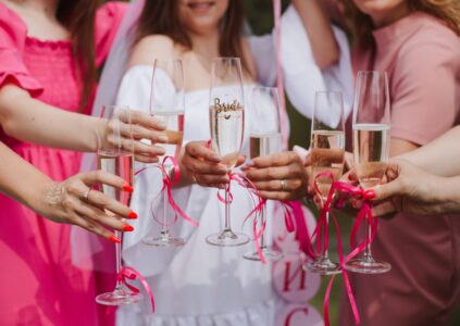 bridal party, bachelorette party, champagne glasses in women's hands