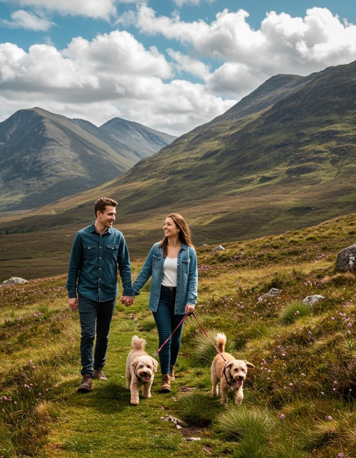 Couple walking with 2 dogs in the countryside with dog-friendly accommodation nearby