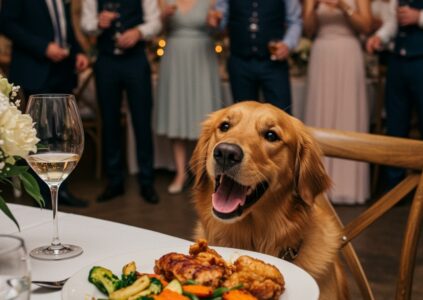 Dog sitting at dog-friendly wedding venue at Glen Clova