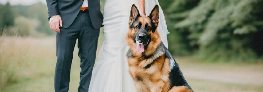 German Shepherd friendly dog with bride and groom