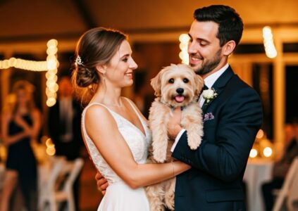 Dog being held by wedding couple whilst dancing at their wedding venue