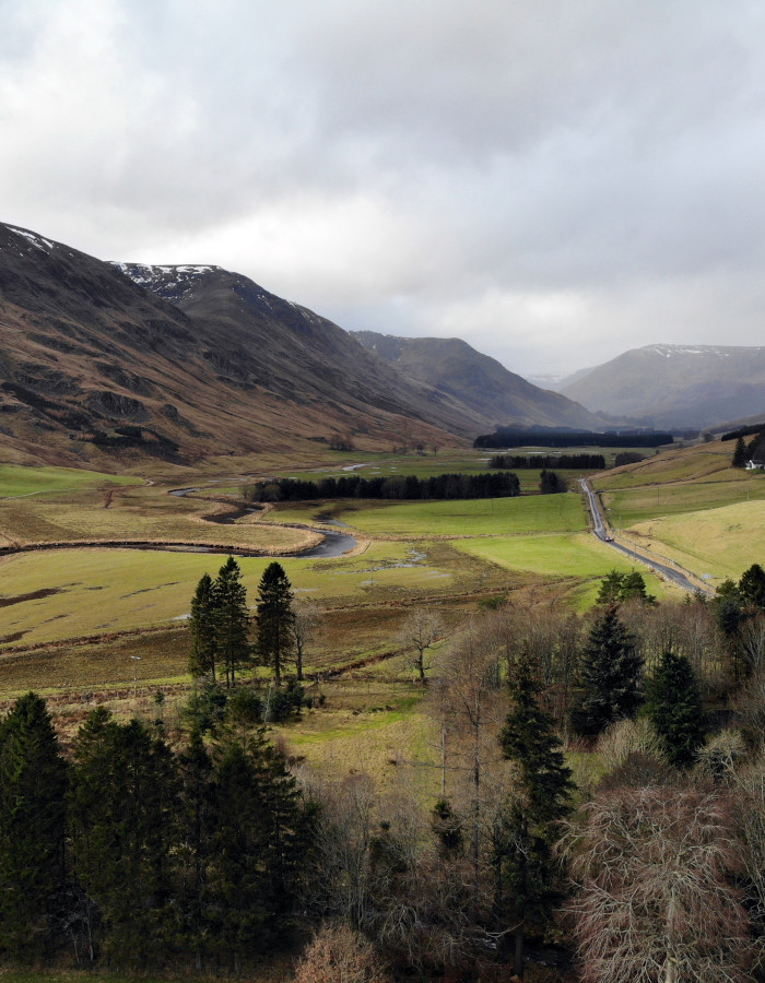 Aerial view of Glen Clova on a misty winter's day