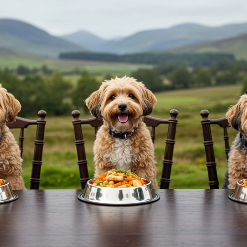Three dogs sitting at a table outside enjoy a meal at dog-friendly wedding venue